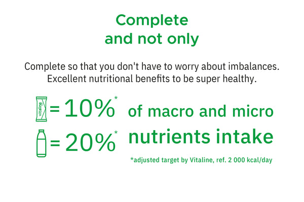 Complete and not only. Complete so you don't have to worry about imbalances. Excellent nutritional benefits to be super healthy. One bottle = 20% of macro and micro nutrients. One bar = 10% of macro and micro nutrients. Adjusted targets by Vitaline, reference 2000 kilocalories per day.