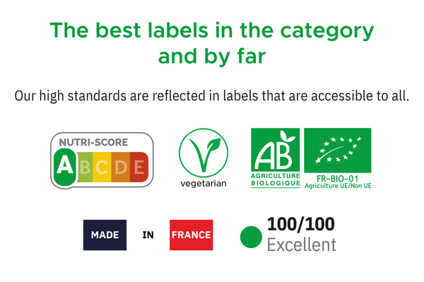 The best labels in the category by far. Our high standards are reflected in labels that are accessible to all. Nutriscore A, vegetarian, organic label, made in France, 100/100 excellent